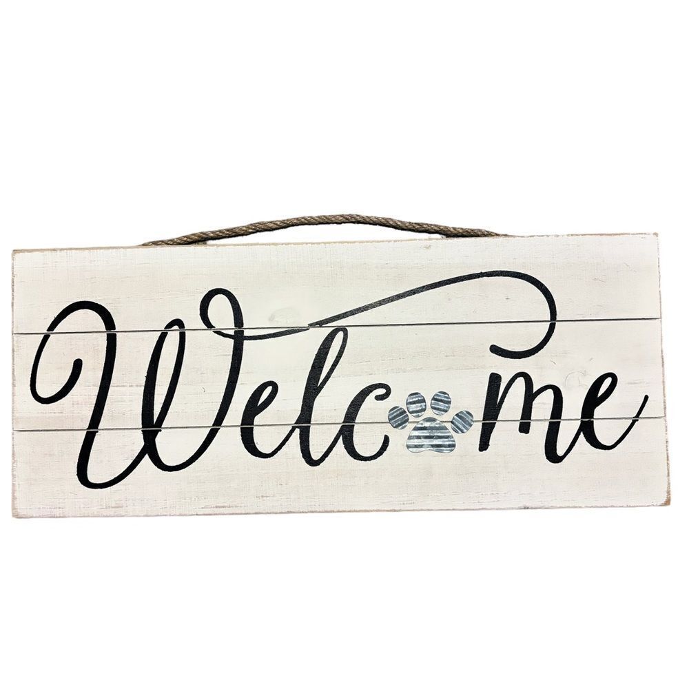 Wooden Welcome Dog Paw Sign Rustic Antique Look White & Black